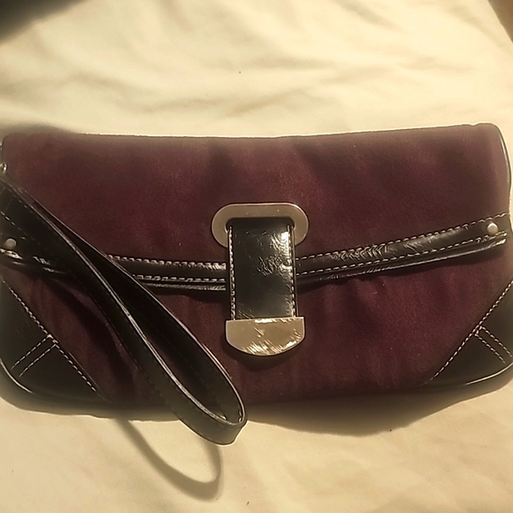 Attention Brown Suede Clutch/Wristlet, Trim Black Leather, Snap Closure - Picture 4 of 6